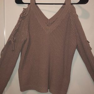 purple/mauve sweater with lace up sleeves